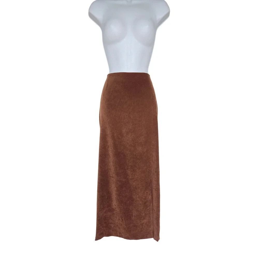 Vintage Y2K Brown Column Maxi Skirt 6 Side Slit Minimalist Fallcore Office Siren